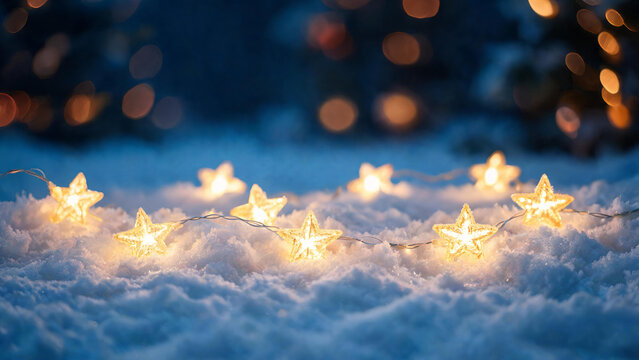 Warm star-shaped fairy lights lie on fresh snow, with blurred festive bokeh lights in the dark winter background.