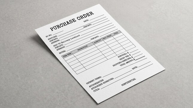 Purchase order form on grey desk in office.