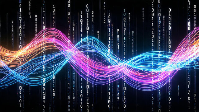 Colorful light waves and vertical binary codes represent digital data streams for network and communication technology.
