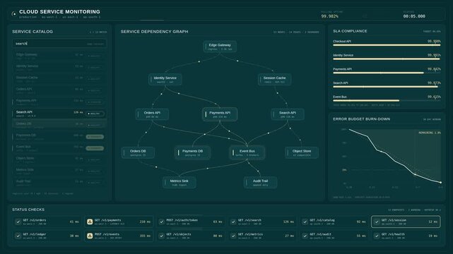 Cloud service monitoring dashboard displaying network dependency