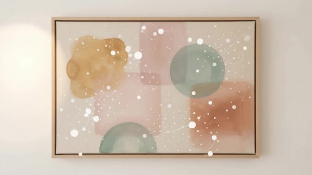 Gallery Art Interior Animation Seamless Loop 4K, Minimal Abstract Painting Wood Frame White Dots Sage Pink Geometric 