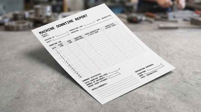 Machine downtime report form on a factory workbench.