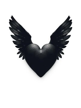 Dark heart with delicate wings spreads its darkened blackness on a bright white background, symbolizing freedom and love, simple, || wings