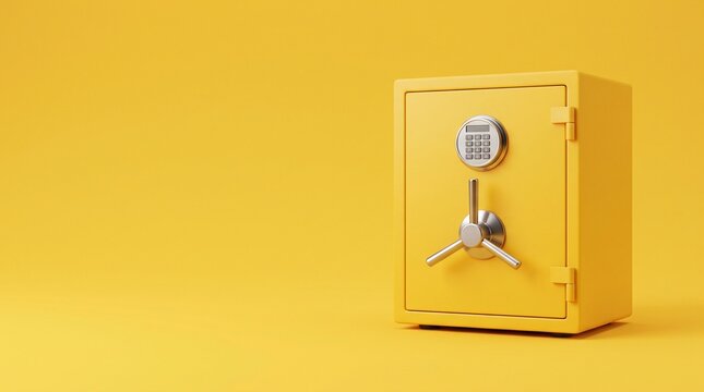 Luxury golden safe isolated on vibrant yellow background, financial security concept, protected assets, wealth management, secure storage, minimal design, premium protection.