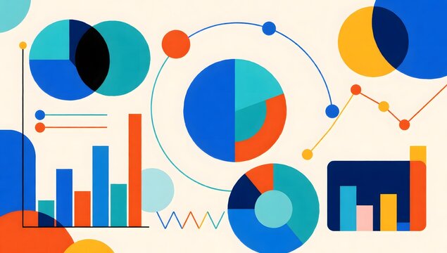 Geometric data visualization with pie charts and line graphs on offwhite background.