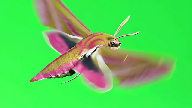 Dolly shot following an elephant hawk moth in flight against a vivid green screen, capturing its dynamic movement and the elegance of its wings in striking detail