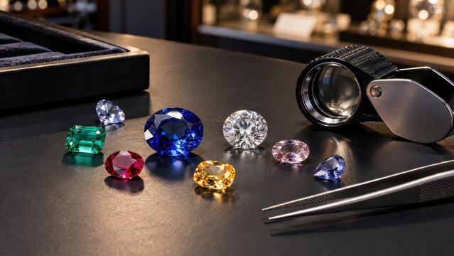 Colorful faceted gemstones rest on a dark workbench beside a magnifying loupe, tweezers, and open presentation box in a jeweler still life