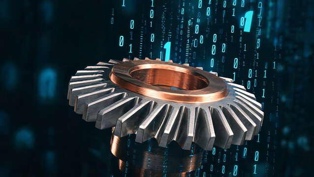 A metallic bevel gear set against a backdrop of flowing binary code, representing the integration of mechanical engineering and digital technology.