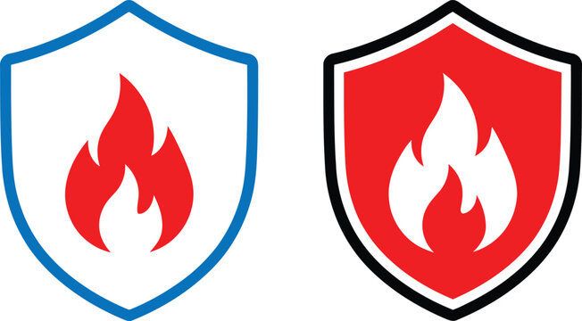 Two shield icons with fire symbols representing safety and protection against flames