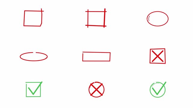 Animated hand drawn red cross green check mark and highlight shapes doodle on transparent alpha channel