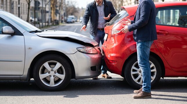 Drivers inspecting damage after rear end car crash collision on street