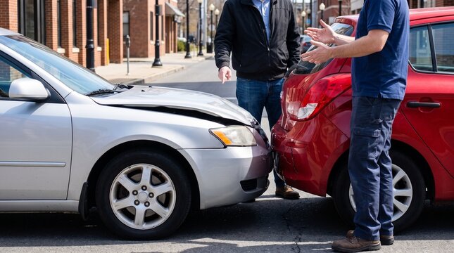 Car accident scene with a silver sedan and a red hatchback after a collision on the street