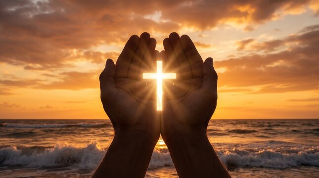Hands cupping a glowing Christian cross silhouette against beautiful beach sunset, symbolizing faith and hope