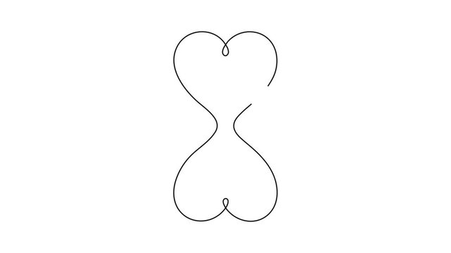  Continuous One Line Drawing Animation of Heart Hourglass, Minimalist Love Sandglass Clock Outline Motion Graphic on White Background