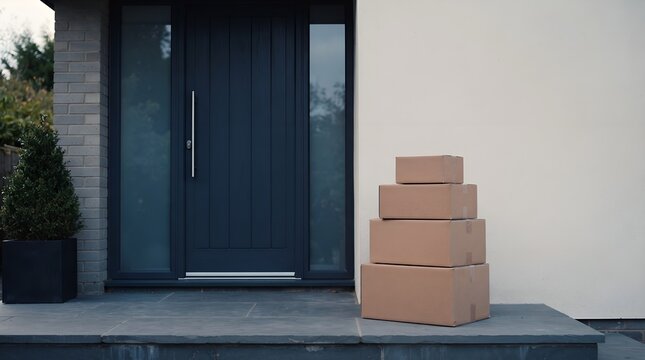 Stack of cardboard delivery boxes left on a modern house porch.