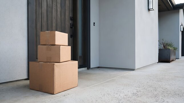 Stack of cardboard delivery boxes left on the front porch of a modern house.