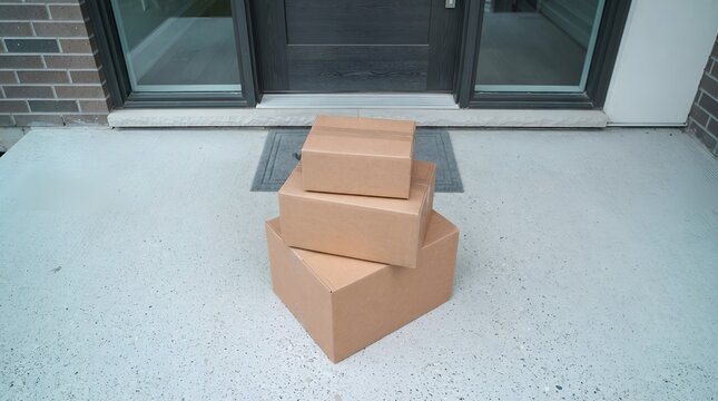 Stack of cardboard delivery boxes sitting on a residential front porch.
