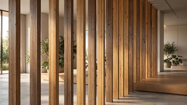 Vertical Wooden Slat Partition in Modern Interior