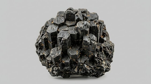Volcanic mineral specimen with hexagonal crystal structures and dark textured rock formation on a neutral gray background