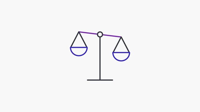 Animated flat balance scale icon in a minimal vector style, blue and azure on a bright light background. Smooth 4K seamless loop with the symbol isolated in the centre of the frame, leaving room for t