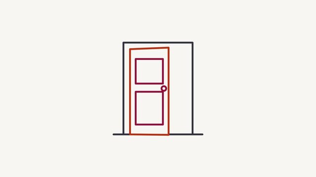 Seamless 4K looping animation of a flat door icon in red and crimson, centred on a clean light background with plenty of copy space. Simple two tone vector shapes and smooth motion. Horizontal 16:9 wi