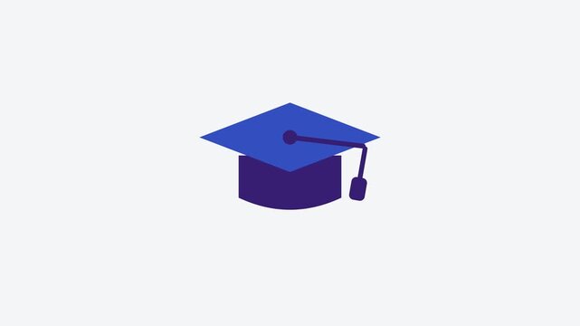 Animated flat graduation cap icon in a minimal vector style, blue and azure on a bright light background. Smooth 4K seamless loop with the symbol isolated in the centre of the frame, leaving room for 