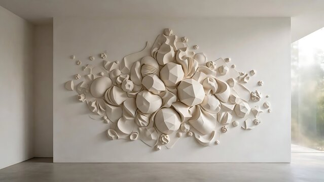 Abstract White Sculptural Relief on Minimal Interior Wall