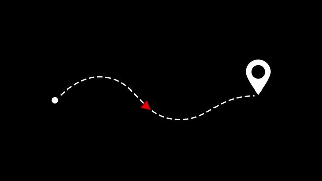 Animated dashed route line leading to map pin location on black background. White navigation path with arrow and destination marker animation. Minimal travel and map concept.4K video