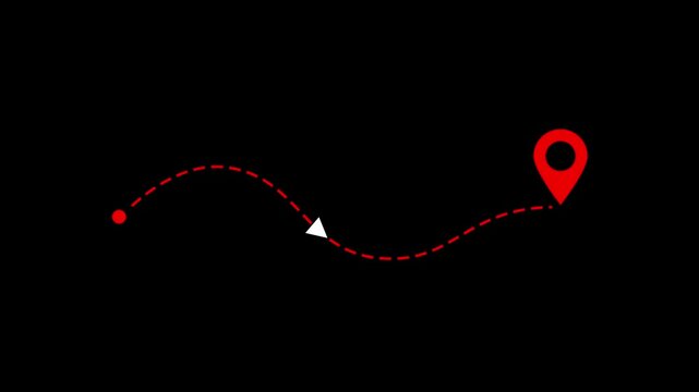 Animated dashed route line leading to map pin location on black background. Red navigation path with arrow and destination marker animation. Minimal travel and map concept.4K video