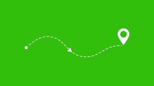 Animated dashed route line leading to map pin location on green background. White navigation path with arrow and destination marker animation. Minimal travel and map concept.4K video