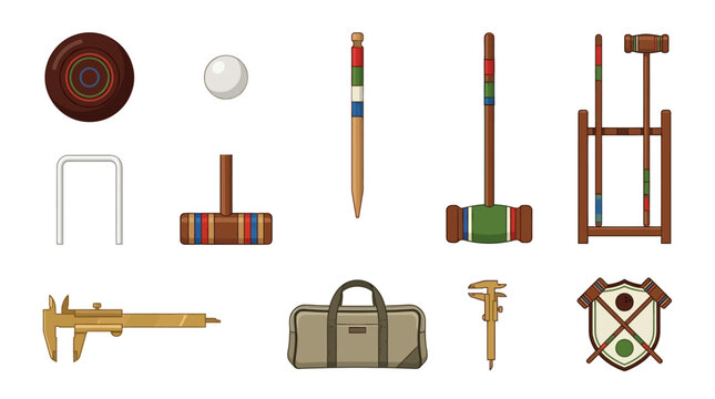 Wooden mallet and striped croquet ball with wicket hoop for traditional lawn games