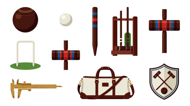 Wooden mallet and striped croquet ball with wicket hoop for traditional garden games