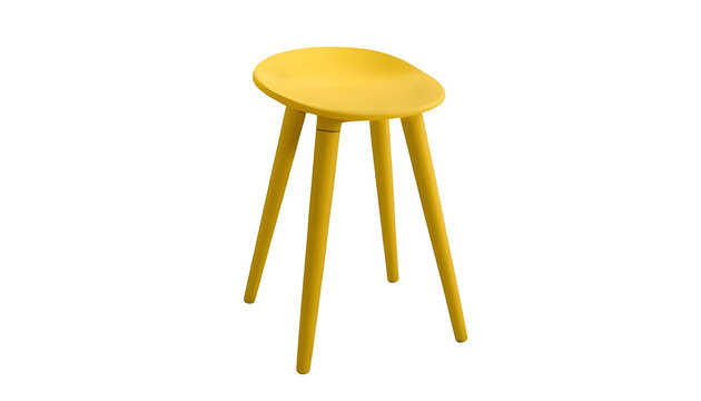 Modern yellow stool with curved seat and three tapered legs, isolated on transparent background