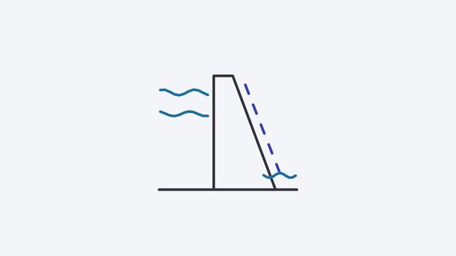 Animated flat hydro dam icon in a minimal vector style, blue and azure on a bright light background. Smooth 4K seamless loop with the symbol isolated in the centre of the frame, leaving room for text.
