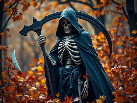 A skeletal figure with a hooded cloak, scythe in hand, standing amidst autumn leaves, cloak, autumn