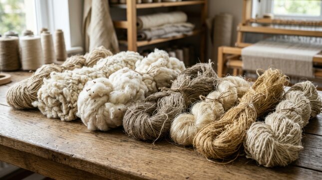 Abundant natural fibers and yarns piled on a rustic wooden table in a craft studio