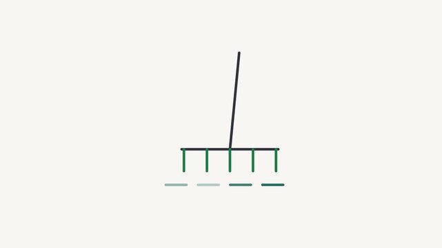 Animated flat rake icon in a minimal vector style, fresh green on a bright light background. Smooth 4K seamless loop with the symbol isolated in the centre of the frame, leaving room for text. Widescr