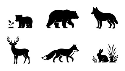 Obraz premium Forest animal silhouettes set with bear, wolf, deer, fox, rabbit and cub