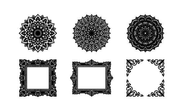 Ornate mandala and frame set with decorative corners for design, graphic resources
