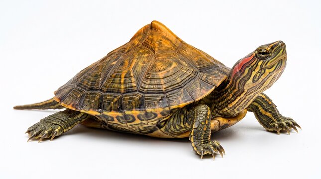 Indian roofed turtle rests on a solid white surface while showcasing its distinctive patterned shell and striped head markings.