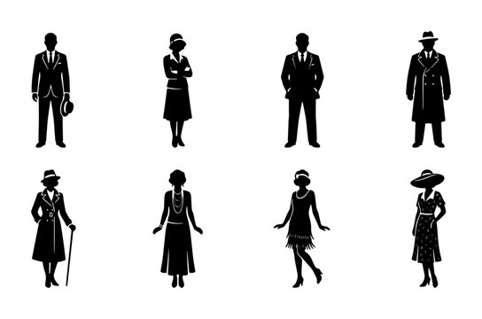 1920s fashion silhouettes set with flapper dresses and suits for retro design