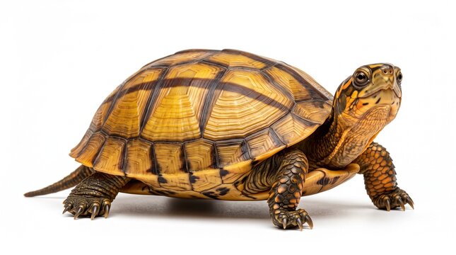 Golden coin turtle facing forward with a detailed carapace resting on a neutral white surface.