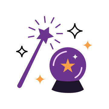 Magic Wand Magic Crystal Ball Star Sparkle Halloween Vector Illustration