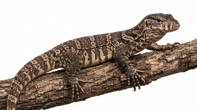 Dumeril&rsquo;s monitor lizard gripping a brown branch with sharp claws on a white backdrop.