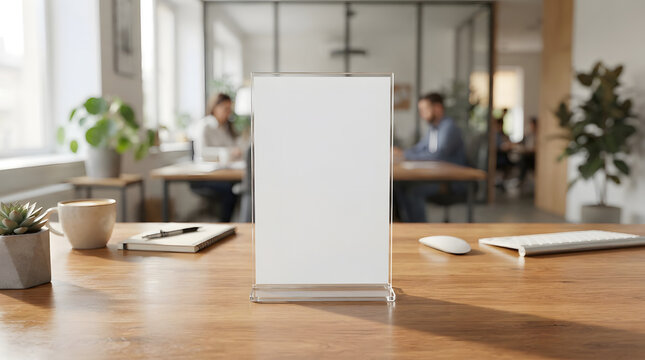 Blank white paper table tent sign on a wooden desk in a modern office