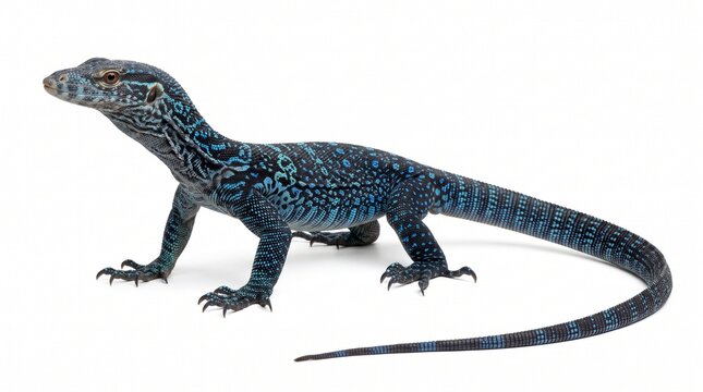 Blue-Spotted tree monitor lizard stands proudly with its vibrant blue patterned scales displayed clearly against a clean white background.