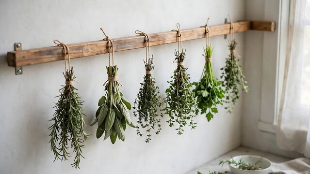Fresh Culinary Herbs Hanging to Dry on Wooden Rail