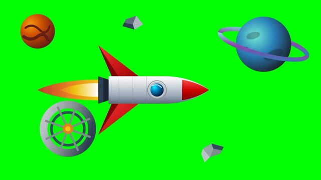 Cartoon rocket ship flying through outer space past planets and asteroids on green screen