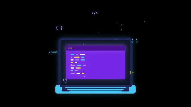 Abstract computer laptop screen with glowing software programming code