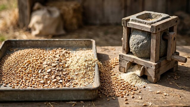 Traditional Grain Mill With Wheat and Fresh Flour